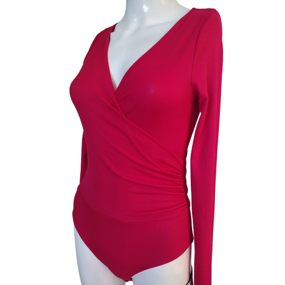 TOPSHOP Bodysuit Women 4 Ribbed Surplice‎ Top Magenta Pink Spring Summer Stretch